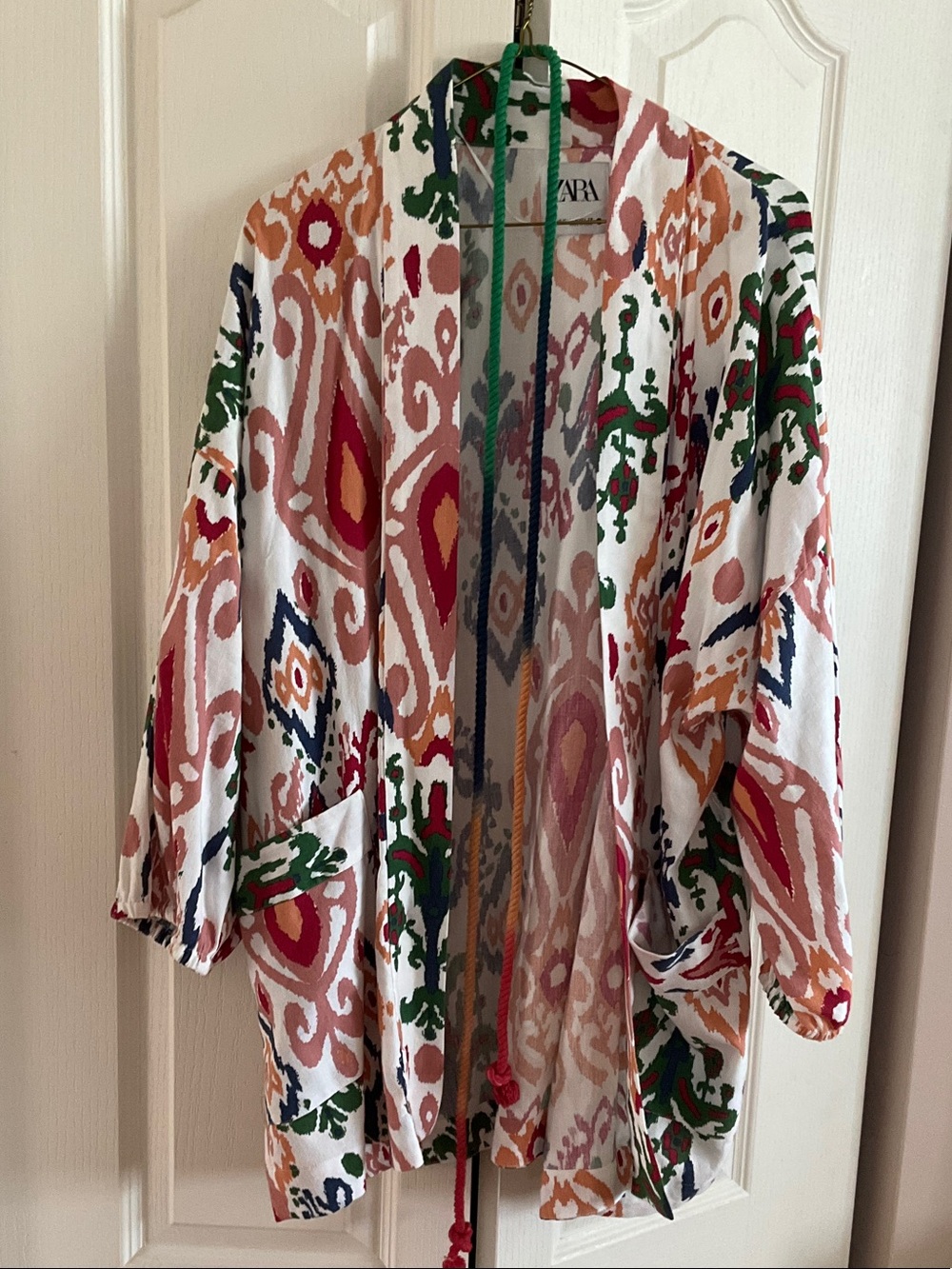 Zara Cream Ikat Open Front Kimono with Pink, Green & Navy Accents